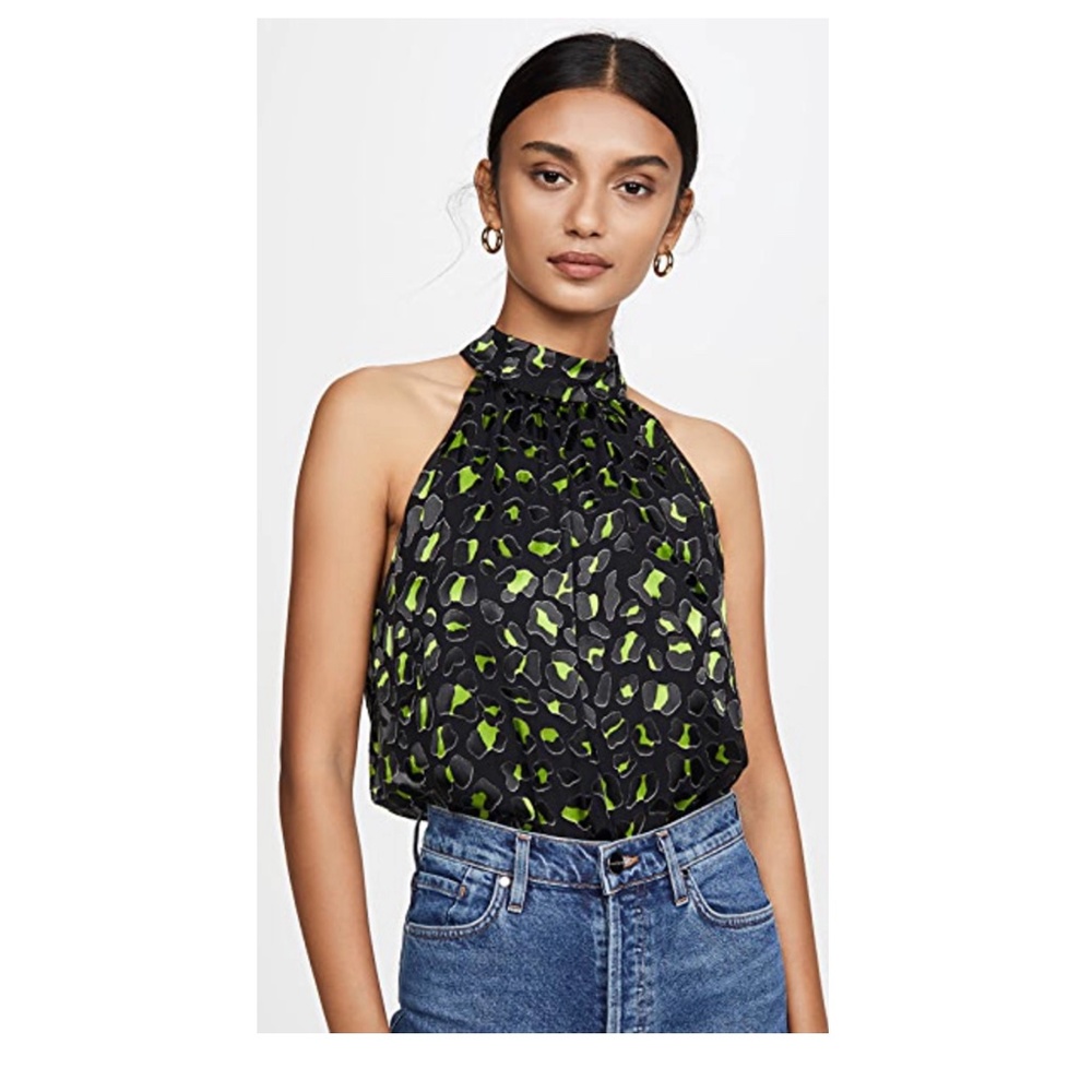 Alice + Olivia Black Halter Blouse with Neon Green Print